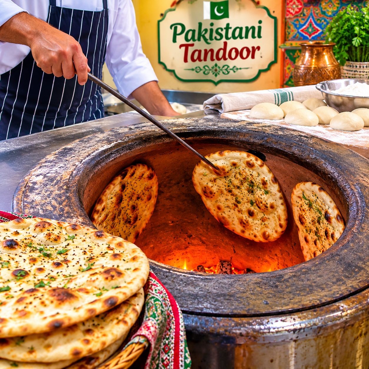 Fresh naan baking in a live Pakistani tandoor
